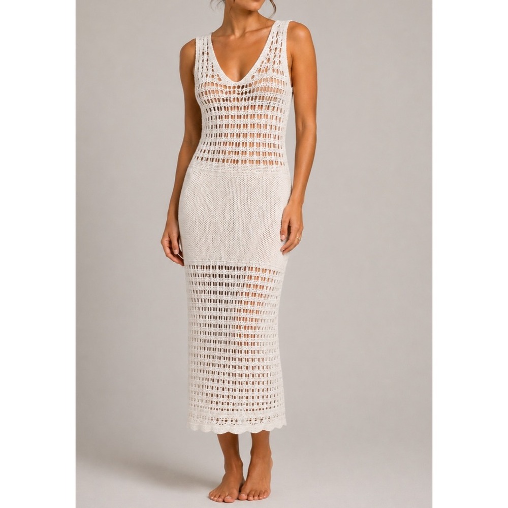 Baraaka White Crochet Midi Dress Cover Up V-Neck Side Slit Greek Knit Small